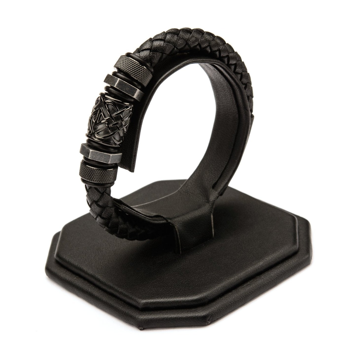 Mens Black Braided Leather with Steel Black IP Beads 8.3mm Bracelet