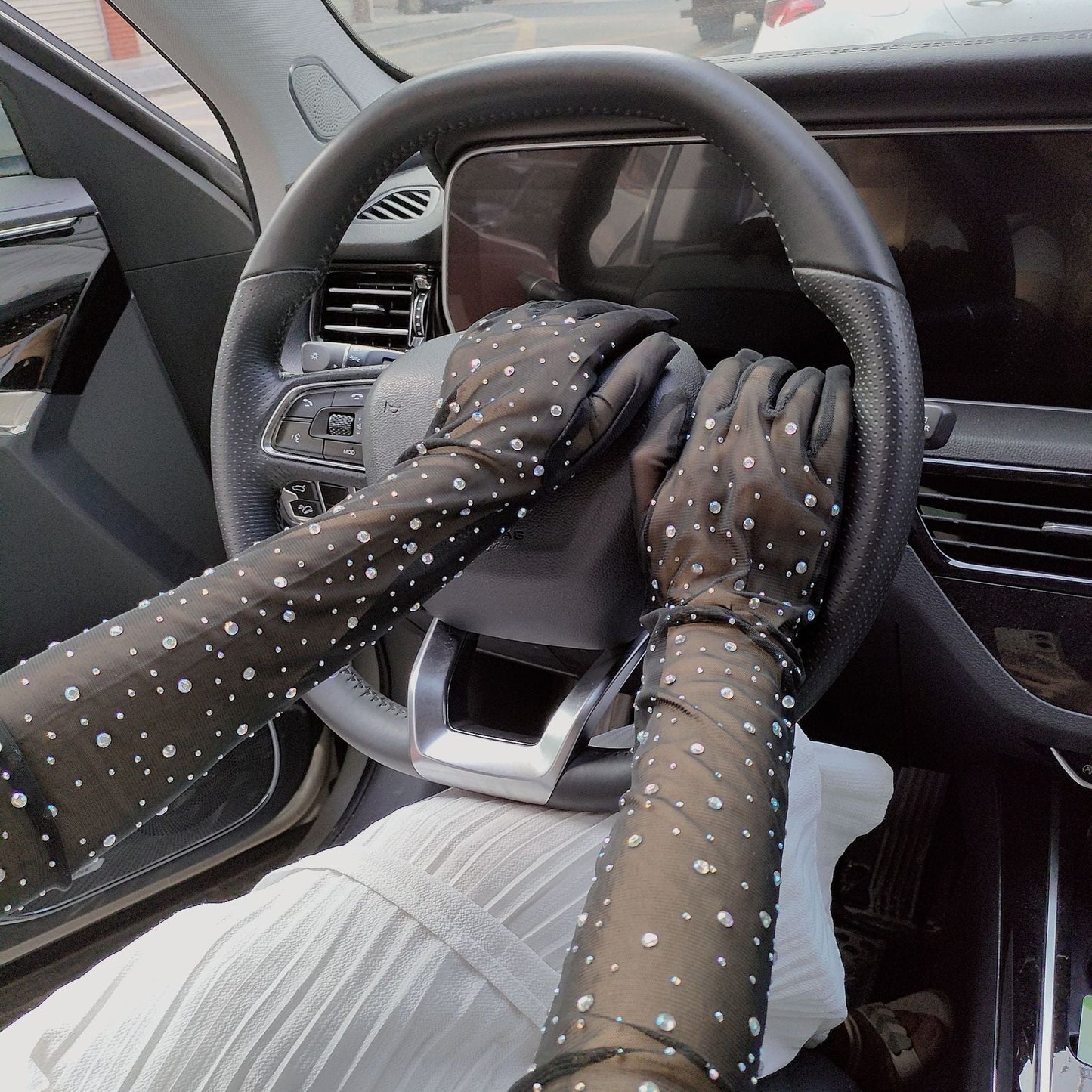 Cosplay Rhinestone Lace Mesh Gloves