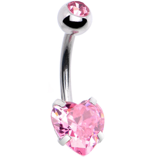 Pink CZ Gem Heart Kissed Rose Flower Dangle Belly Ring