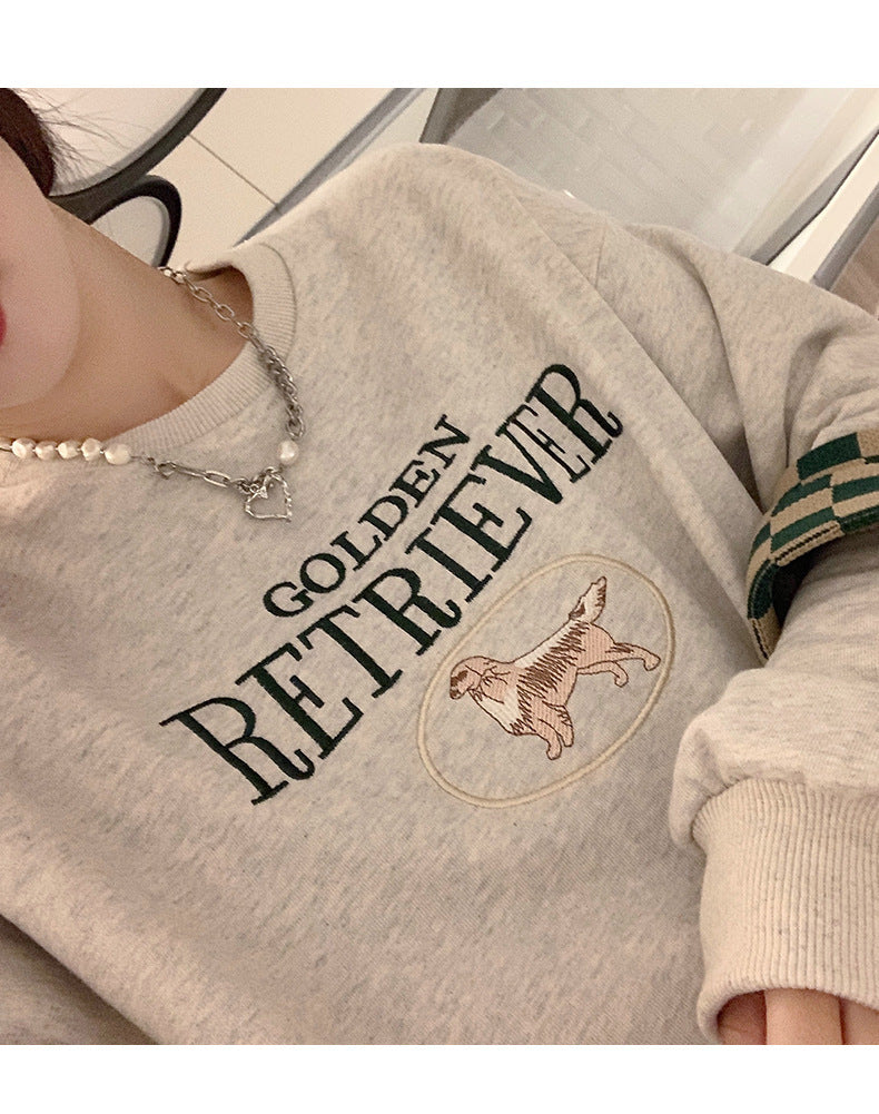 Korean Style Oversize Round-Neck Embroidered Cartoon Long-Sleeve Top