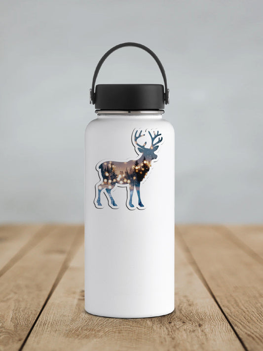 Festive Reindeer and Winter Forest Double Exposure Vinyl Sticker