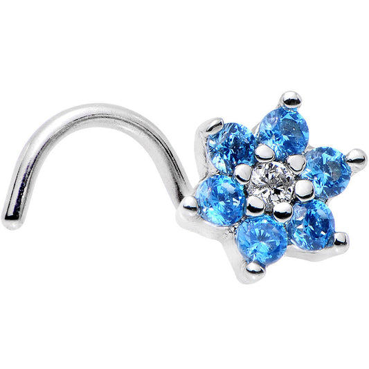 20G 1/4 Aqua Blue and Clear CZ Gem Flower Right Nose Screw