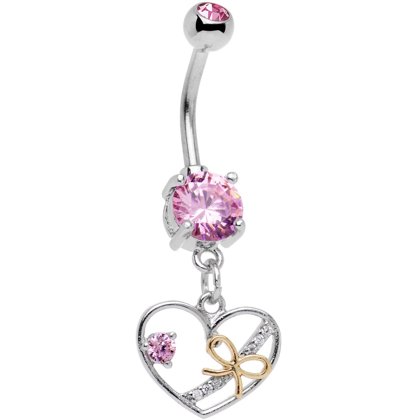 Pink CZ Gem Tie Up My Heart Dangle Belly Ring