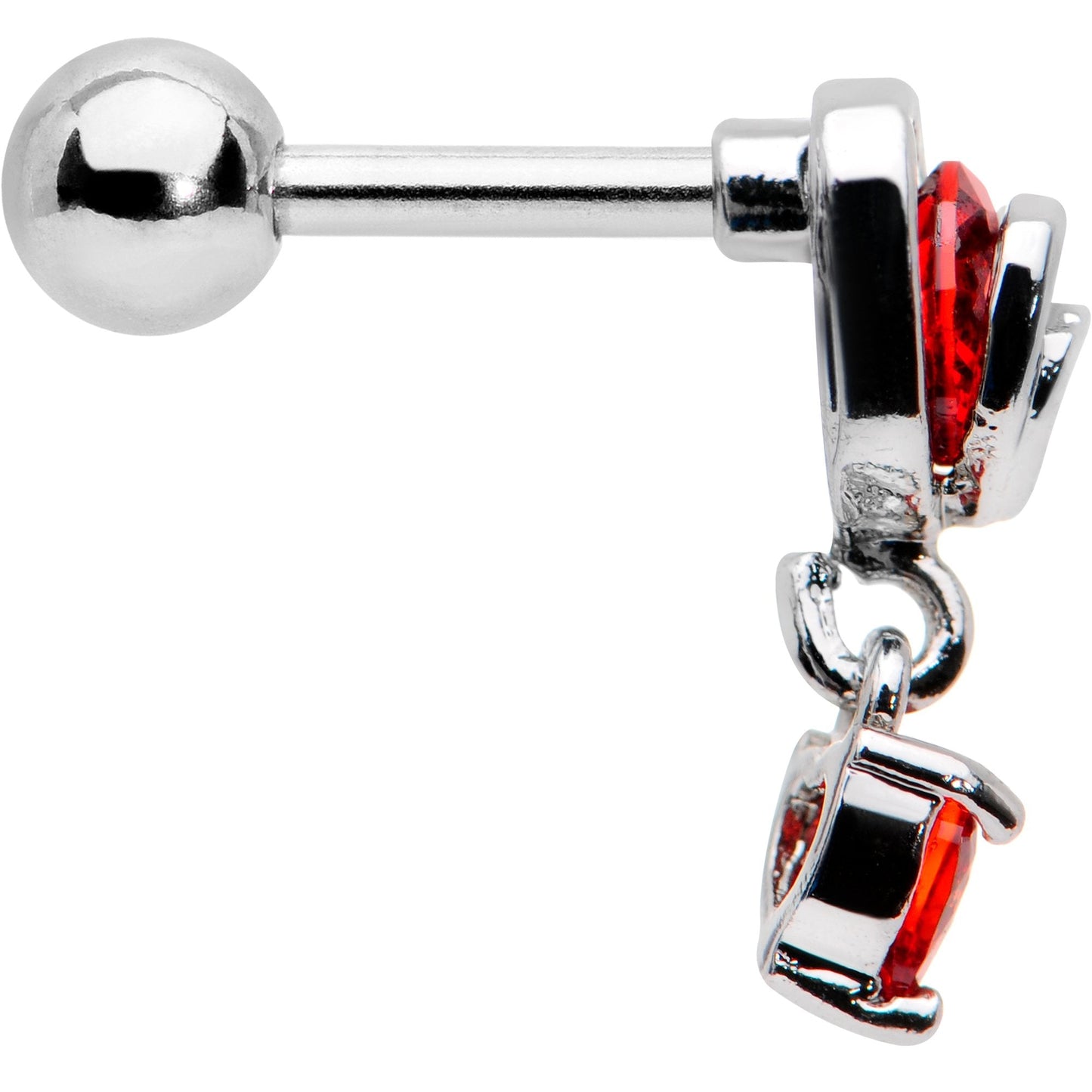 16G 1/4 Red CZ Gem Triple Heart Dangle Cartilage Tragus Earring