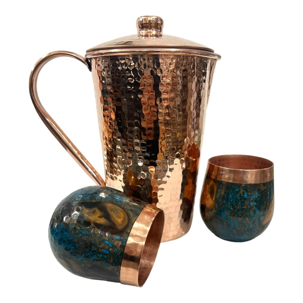 Set of One Shiny Hammered Copper Pitcher with Top and Two Blue Marbled Tumblers