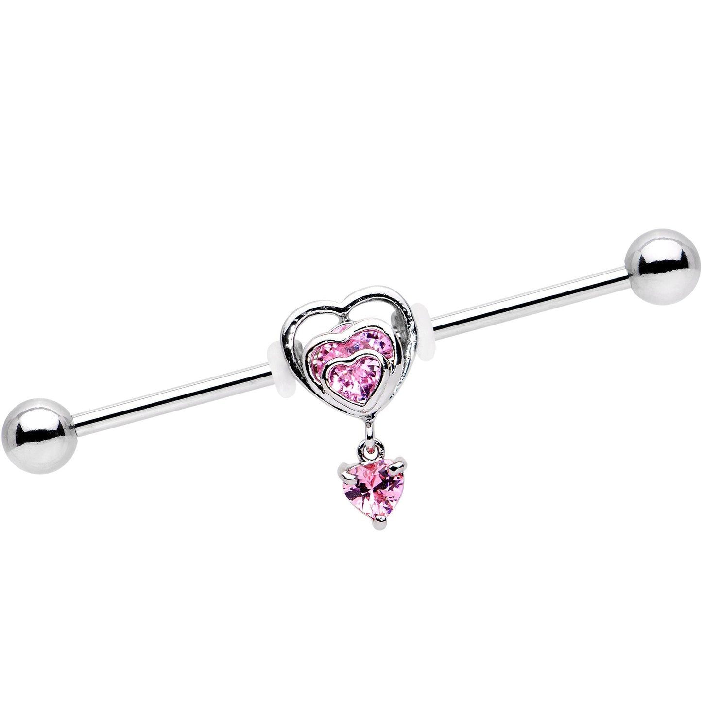 Pink CZ Gem Triple Heart Dangle Industrial Barbell 38mm