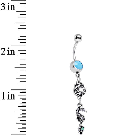Green Blue Gem Ocean Beach Seahorse and Seashell Dangle Belly Ring