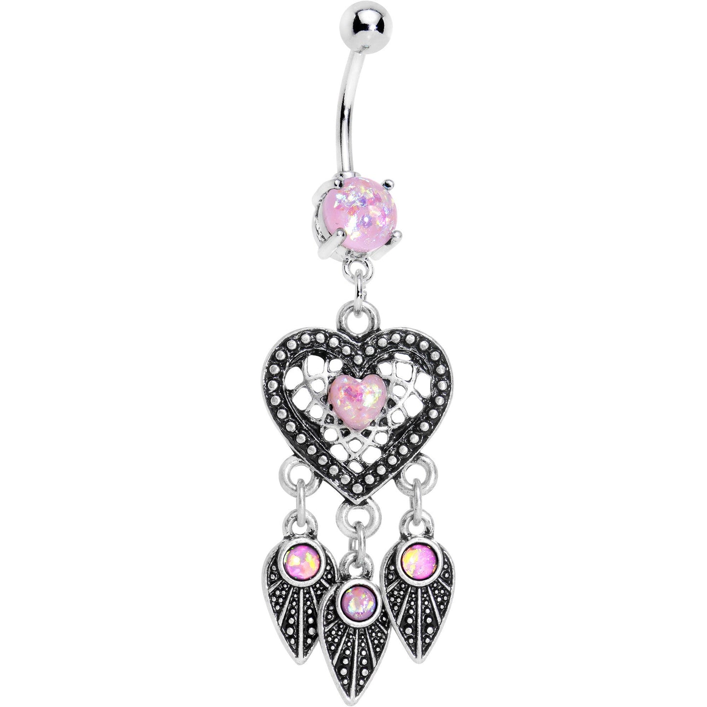 Pink Faux Opal Have a Heart Dreamcatcher Dangle Belly Ring