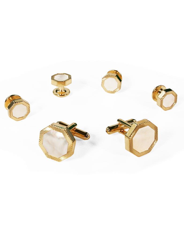 White Octagon Mother of Pearl with Gold or Silver  Edge Studs and Cufflinks Set