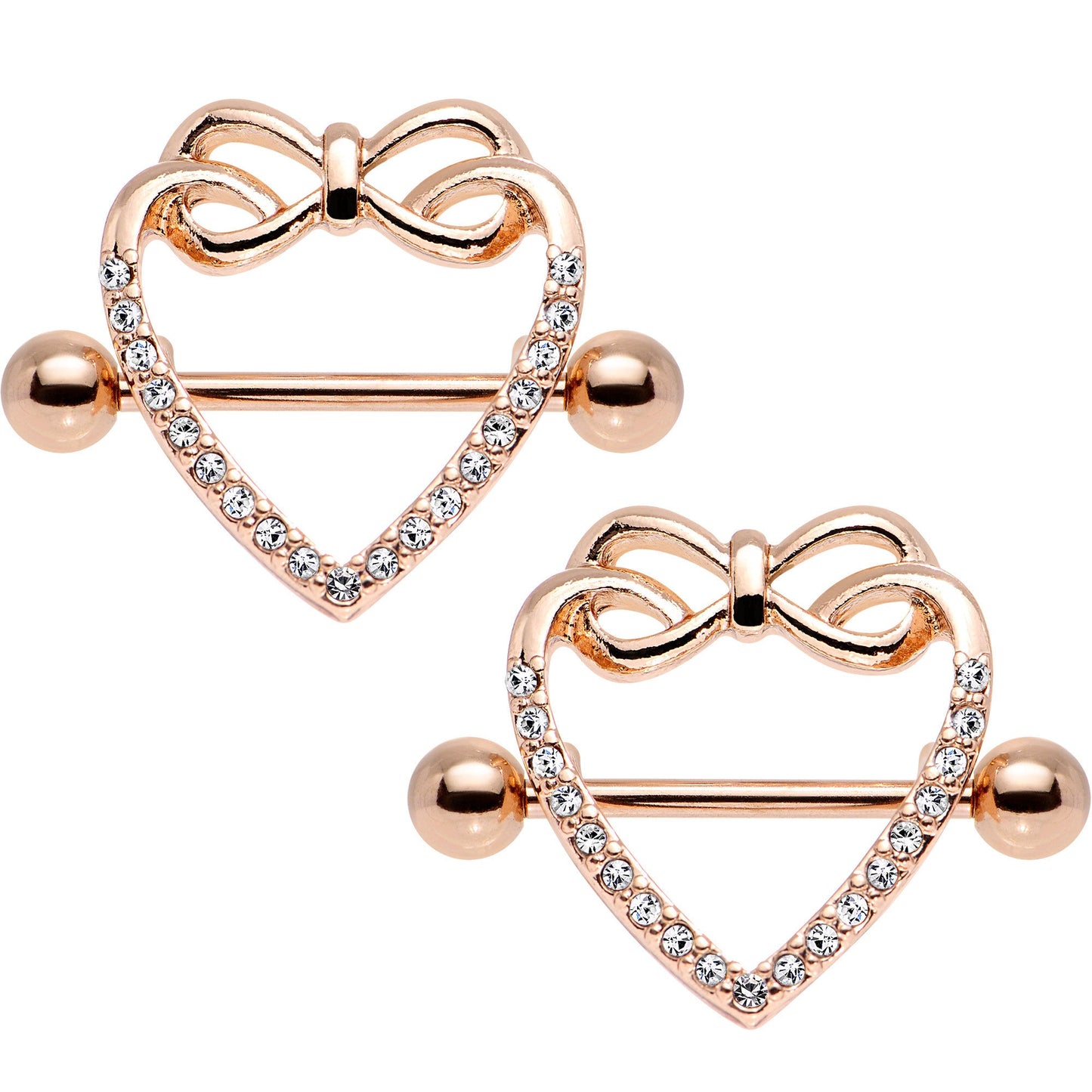 14G 3/4 Clear Gem Rose Gold Anodized Bow Heart Nipple Shield Set