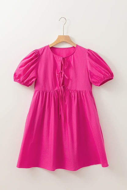 Solid Puff Sleeve Tie-Front Mini Dress