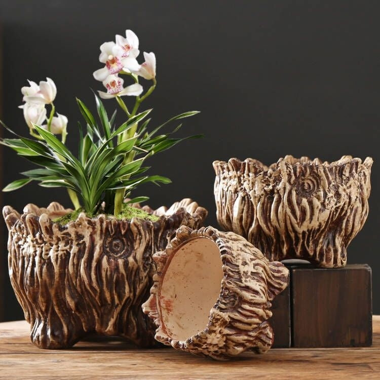 Large Ceramic Flower Pot with Tree Root Design