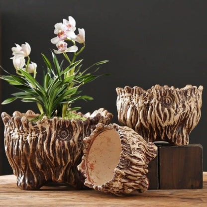 Large Ceramic Flower Pot with Tree Root Design