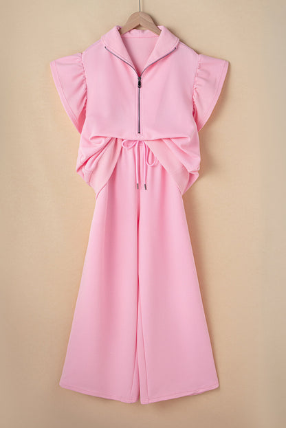 Textured Ruffle Half Zip Top and Pants Set