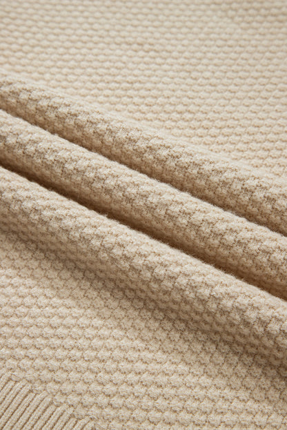 Solid Textured Knit Split Cuff Drop Shoulder Sweater