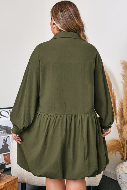 Plus Size Collared Half-Button Ruffle Hem Mini Dress