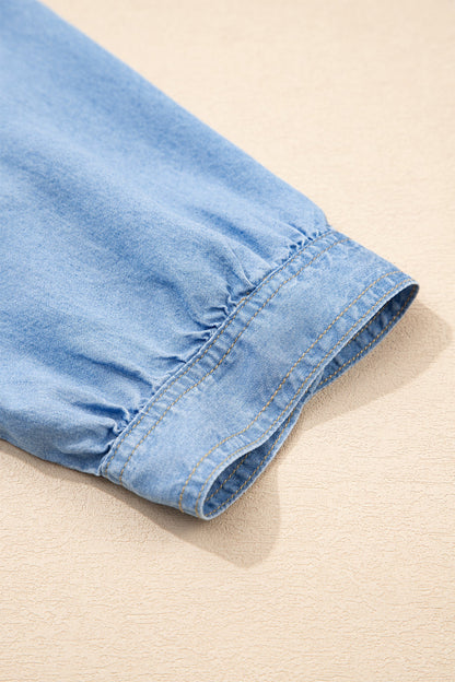 Half Sleeve Ruffle High-Low Chambray Shirt