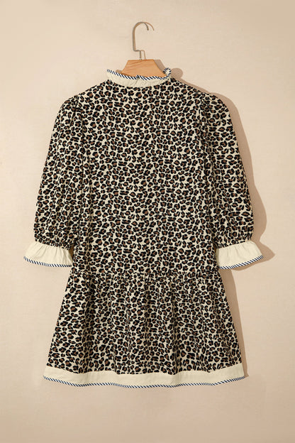 Leopard Stripe Colorblock Trim V-Neck Mini Dress