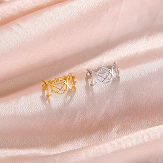 Temperament Wild Couple Ornament Double Moon Pentagram Stainless Steel Ring