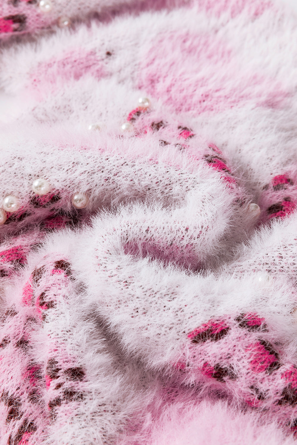 Valentine Leopard Heart Pearl Beaded Fuzzy Sweater