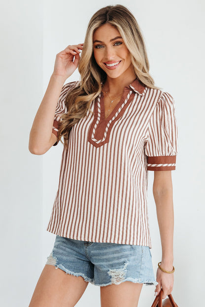 Stripe Collar Split Neck Bubble Sleeve Blouse