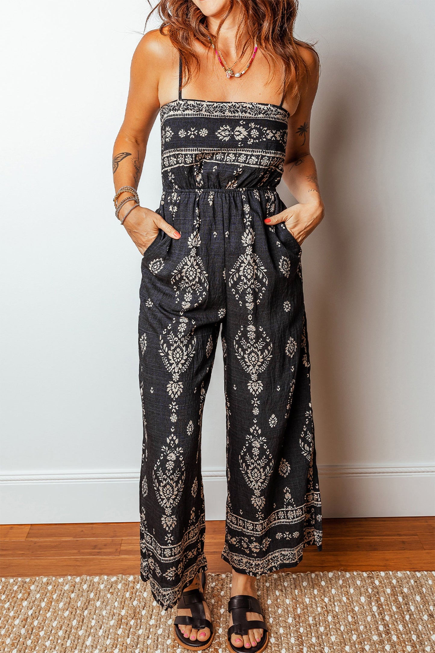 Spaghetti Straps Elastic Waist Loose Jumpsuit