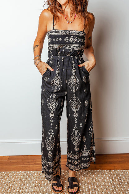 Spaghetti Straps Elastic Waist Loose Jumpsuit