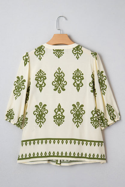 Tie V-Neck Puffy Half Sleeve Shirt