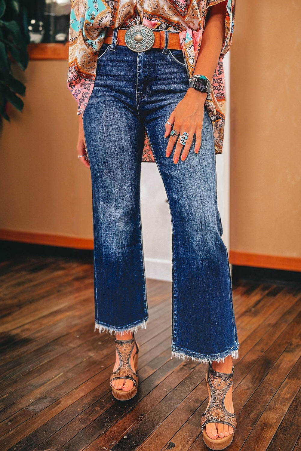 Solid Mineral Wash Raw Hem Flared Jeans
