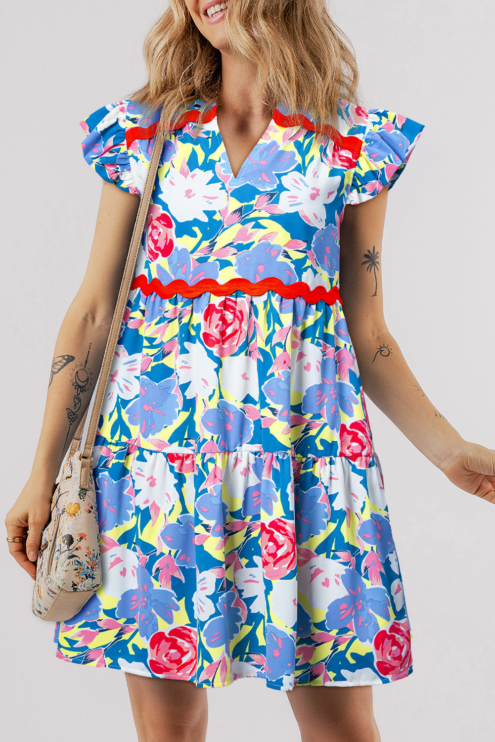Floral V-Notch Ric-Rac Flutter Sleeve Dress