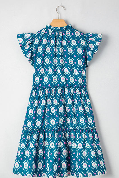 Floral Retro Split Neck Ruffle Sleeve Dress