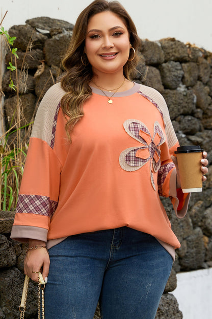 Plus Size Plaid Flower Patchwork 3/4 Sleeve Top