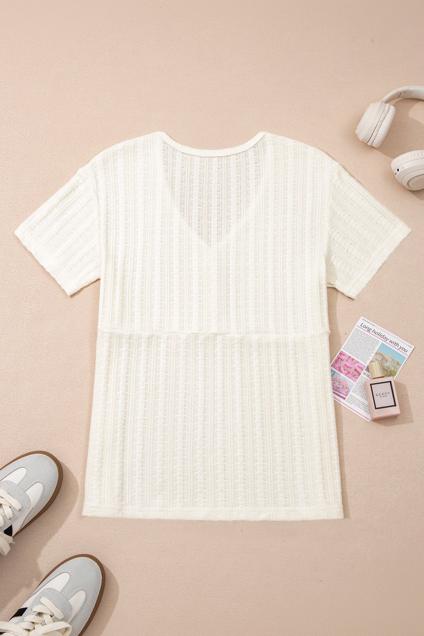Solid Textured V-Neck Henley Raw-Seam Tee