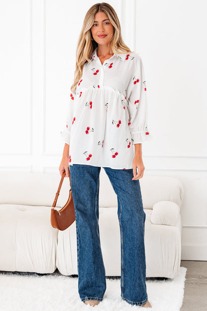 Cherry Frilled Collar 3/4 Sleeve Babydoll Blouse