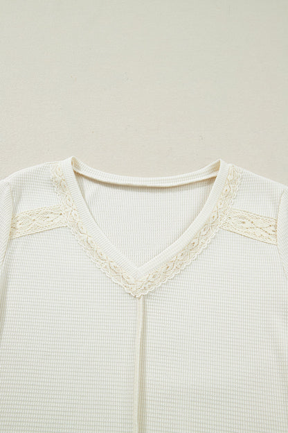 Thermal Knit Lace Ruched Patchwork V-Neck Top