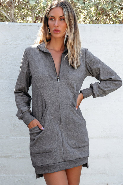 Solid Ribbed Patchwork Pocketed Sweatshirt Dress