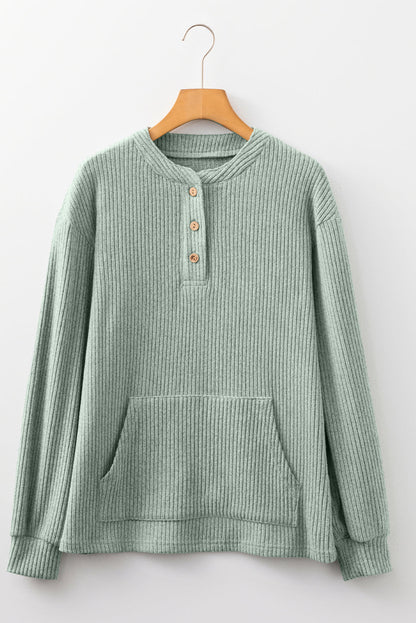 Solid Ribbed Knit Drop Shoulder Henley Top