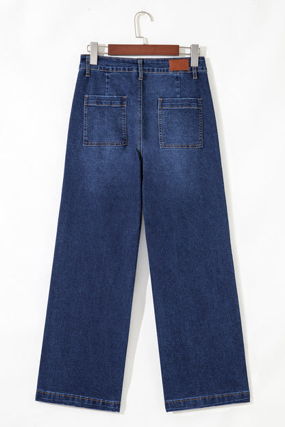 Denim High Waist Patch Pocket Straight Leg Jeans