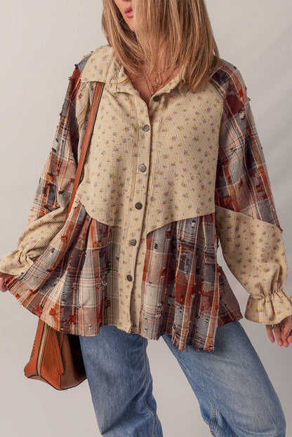 Floral Plaid Patchwork Ruffle Waffle Knit Shacket