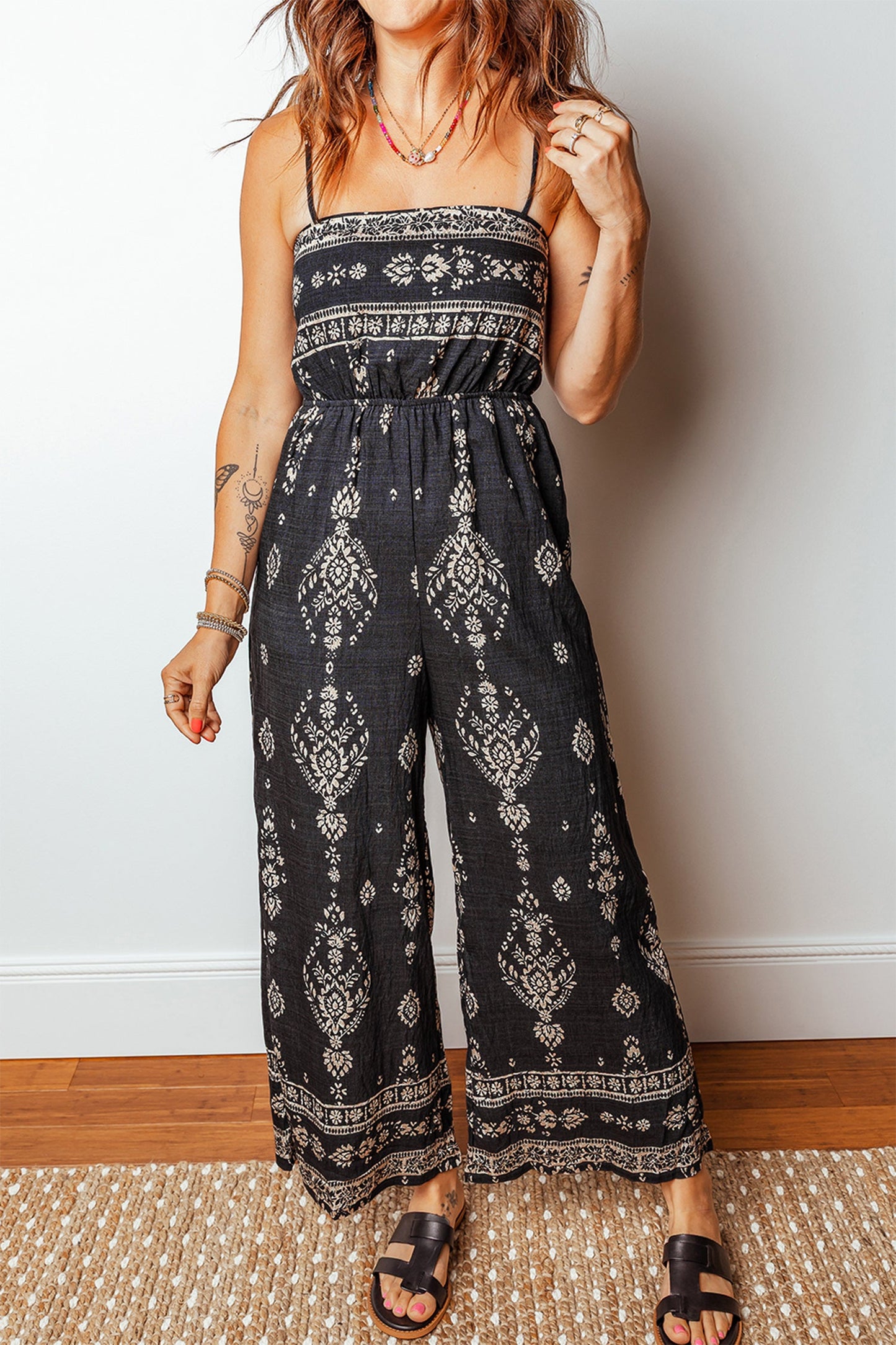 Spaghetti Straps Elastic Waist Loose Jumpsuit