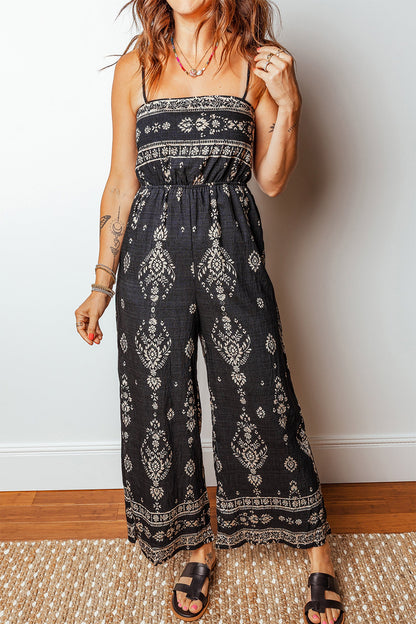Spaghetti Straps Elastic Waist Loose Jumpsuit