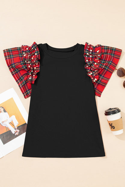 Plaid Patchwork Pearl Ruffle Sleeve T-Shirt