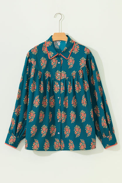 Plus Size Floral Lacy Trim Pleated Shirt