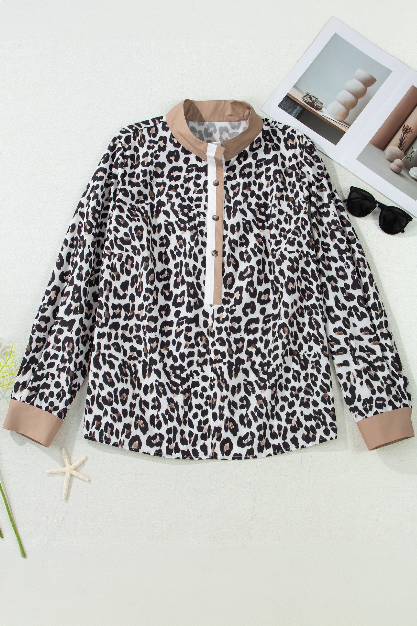 Plus Size Leopard Contrast Trim Button Top