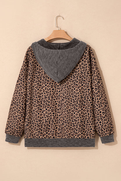 Leopard Ribbed Knit Contrast Half-Zip Hoodie