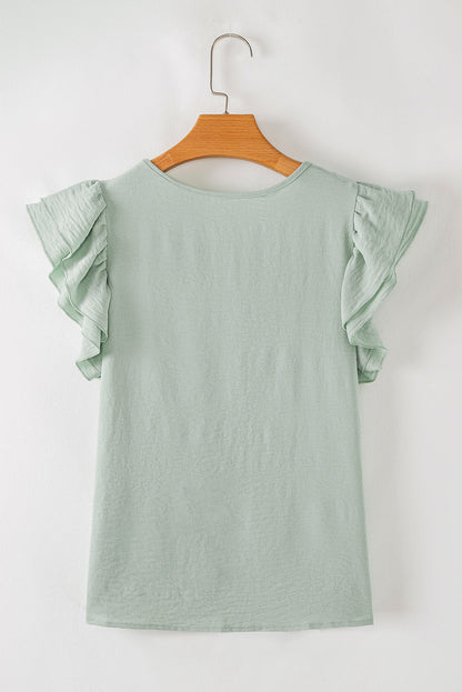 Solid Ruffle Short Sleeve Casual Blouse