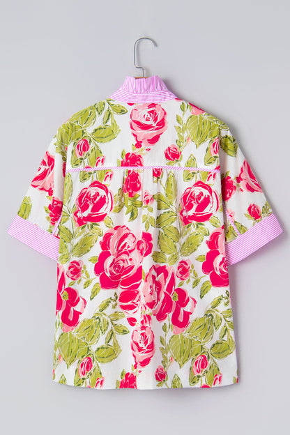 Stripe Trim Frill Collar Short Sleeve Shirt