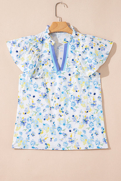Floral Frill Notch V-Neck Blouse