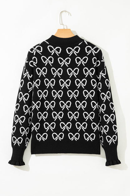 Bow Zipped Collar Drop Shoulder Sweater