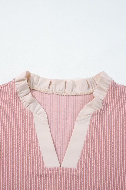Plus Size Corded Ruffle Sleeve Frilled V-Neck Blouse